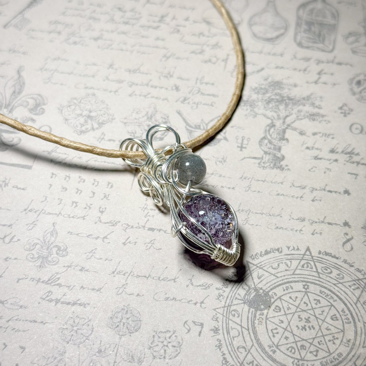 銀河の輝きとラブラドライトのワイヤーラッピングペンダント